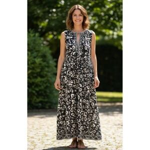 Max Studio London Maxi Dress Womens L Black White Floral Tiered Sleeveless NEW